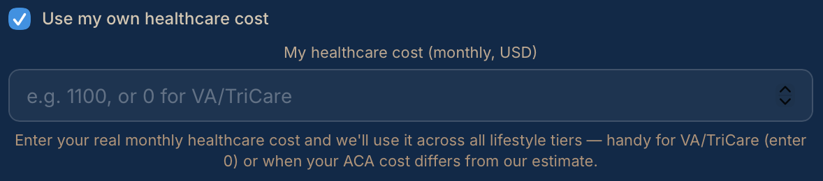 The new healthcare cost input: check "Use my own healthcare cost" and enter your real monthly number, used across all lifestyle tiers.