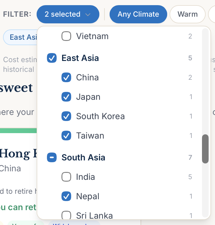 The redesigned region and country filter, with regions that expand into per-country checkboxes and city counts.